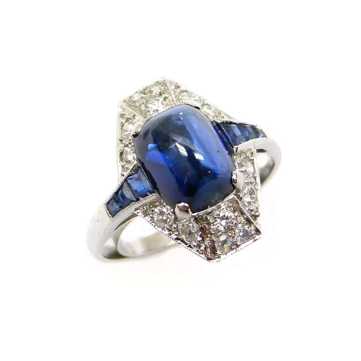 Art Deco cabochon sapphire and diamond cluster ring